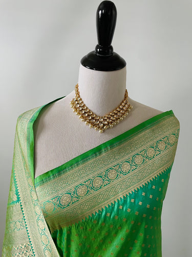 Banarasi Katan Uppada Silk Saree | Green and Yellow Dual Tone | Gold Zari | Handwoven |  Silk Mark Certified | Ships from California